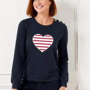 Talbots Navy Blue Crewneck Red & White Striped HEART Sweatshirt Small Valentine